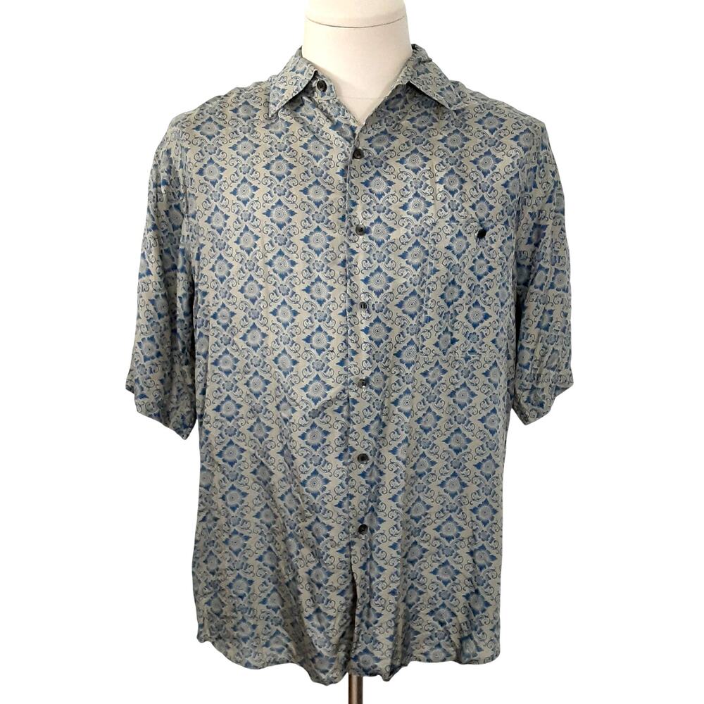 Vintage 90s Bruno B 100% Silk Button Up Art Deco Blue Bowling Shirt Mens M Retro